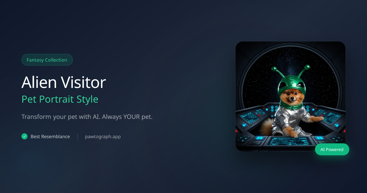 Alien Pet Costume AI - Space Visitor Portrait | Pawtograph